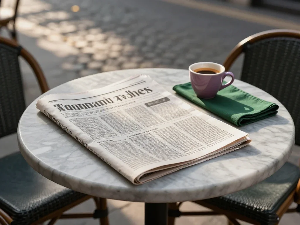 Une du journal matinal sur une table de café, symbolisant une information calme et réfléchie.